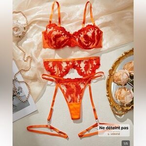 Brand Women's Orange Lace Lingerie Set with Garter Straps
